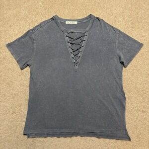 We The Free Shirt Womens Small Gray Lace Up V Neck Faded Jersey Tee Top